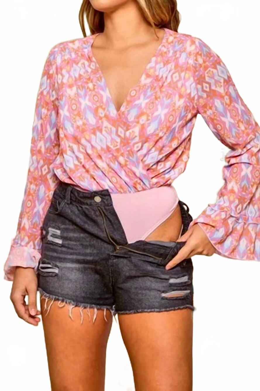 NEW PEACH LOVE aztec v-neck bodysuit in pink